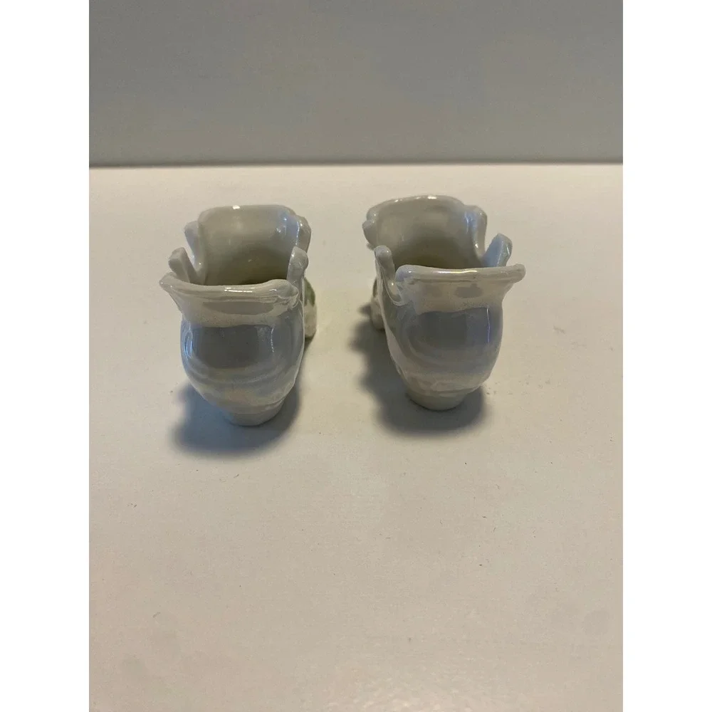 Ceramic Shoe Figurines with Violet Flowers,‎ Iridescent Glaze, Decorative Pair